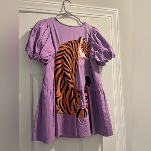 EUC Queen of Sparkles Medium purple dress with Sequin Tiger on the back.